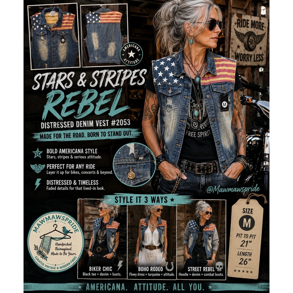 Freedom Rider Americana Denim Vest Distressed Flag Western Biker Cowgirl